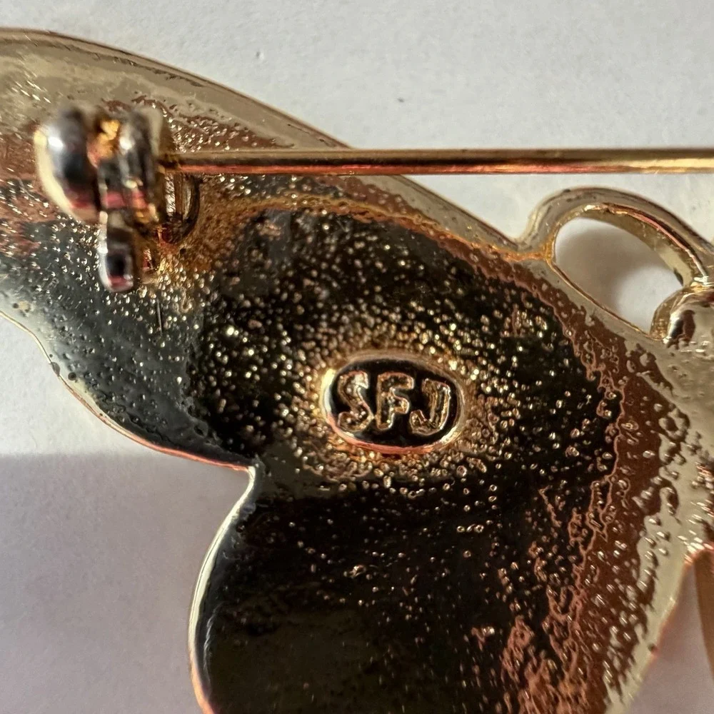Vintage SFJ‎ Orange Brown Enamel Butterfly Pin Brooch Orange Brown Gold Tone